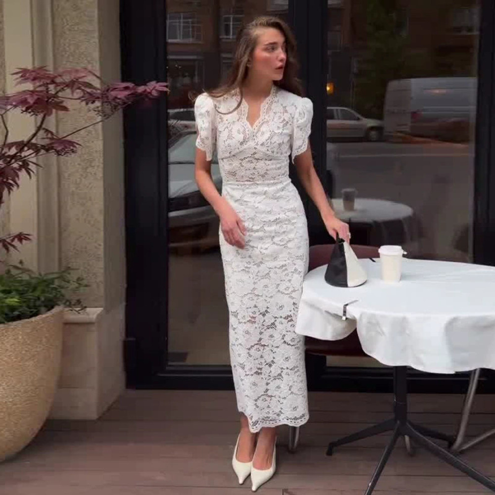 Forever 21 Elegant White French Style Lace Collar Back Slit Maxi Dress for